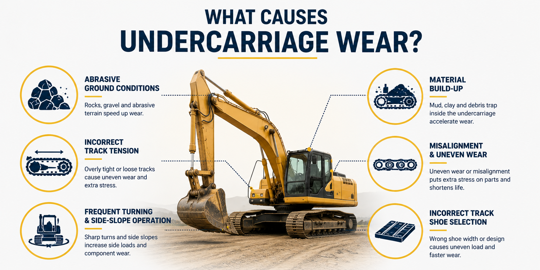 The main causes of undercarriage wear in excavators, including abrasive ground conditions, incorrect track tension, sharp turning, material build-up, misalignment, and improper track shoe selection.