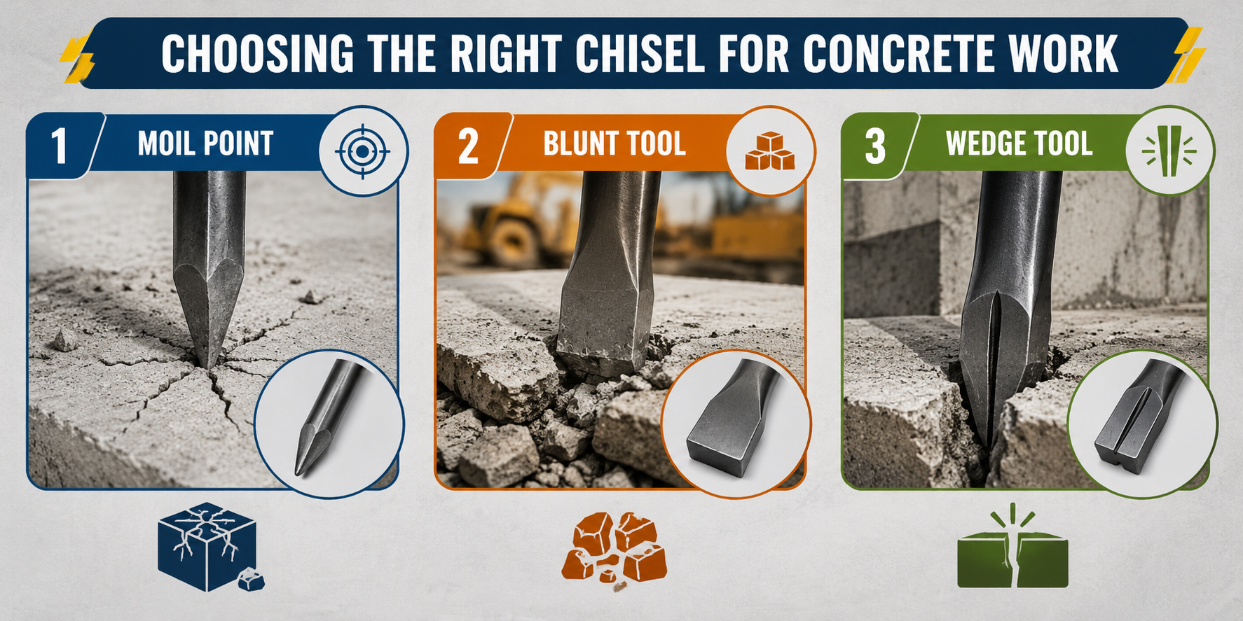 Three hydraulic breaker chisel types—Moil Point, Blunt Tool, and Wedge Tool—for concrete demolition, highlighting their ideal applications in breaking, chunk reduction, and controlled concrete splitting.