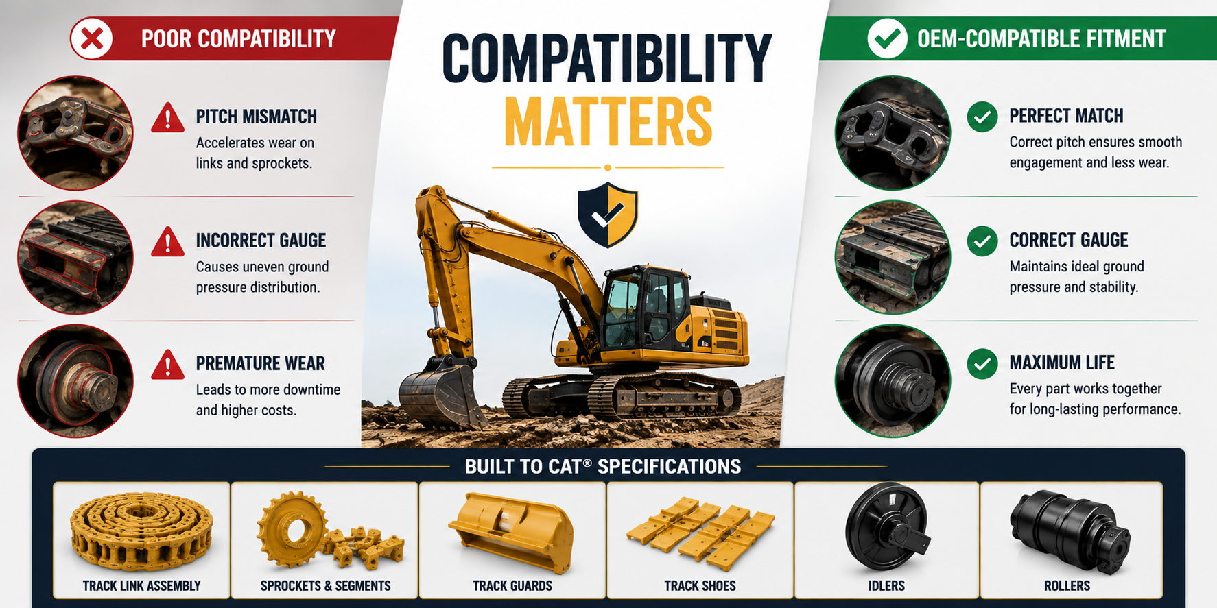 Caterpillar-compatible undercarriage parts, highlighting the importance of correct pitch, track shoe gauge, and OEM-compatible fitment for reducing wear and downtime.
