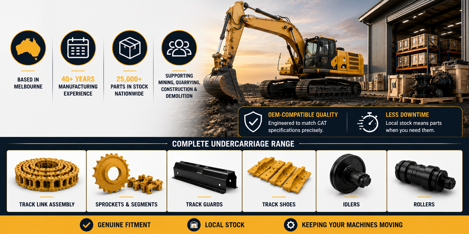 CAT-compatible excavator undercarriage parts, including track link assemblies, sprockets, track guards, track shoes, idlers, and rollers, with local stock and OEM-compatible quality.