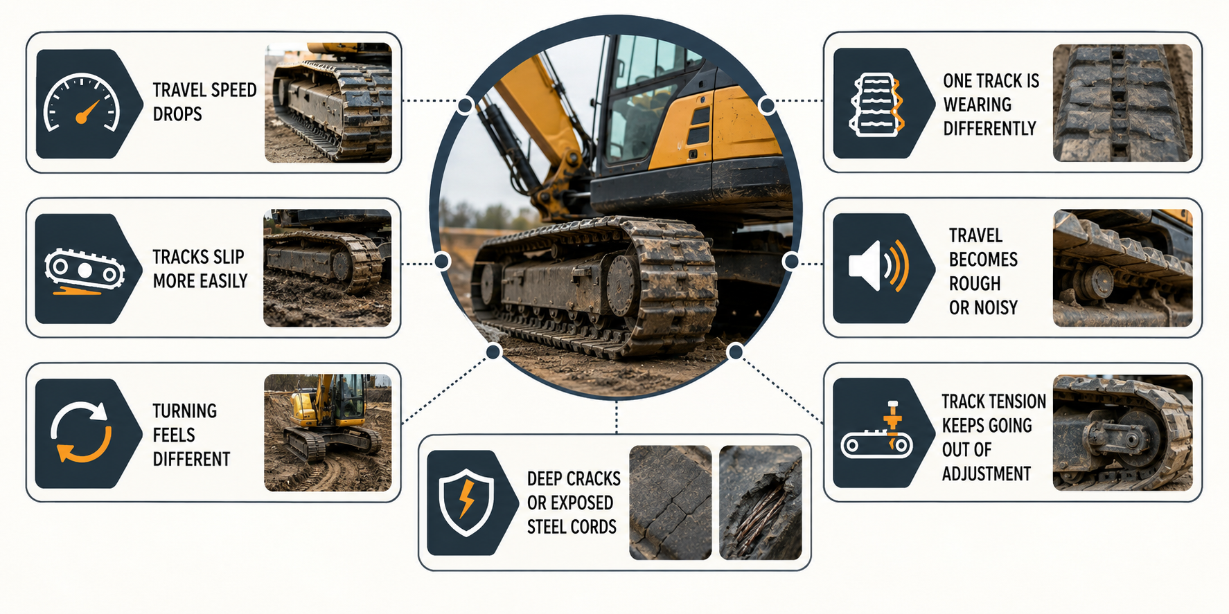 Signs of worn excavator tracks, including reduced travel speed, track slipping, uneven wear, rough travel, tension issues, and exposed steel cords.