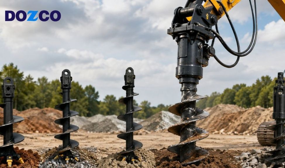 Hydraulic earth auger on an excavator with several auger bits standing in soil at a construction site.
