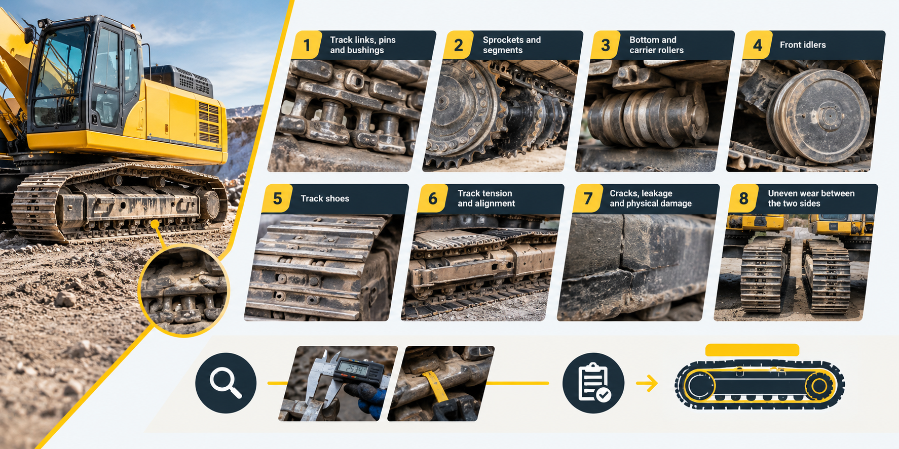 Excavator undercarriage inspection infographic showing key components including track links, sprockets, rollers, idlers, track shoes, tension, alignment, damage, and uneven wear