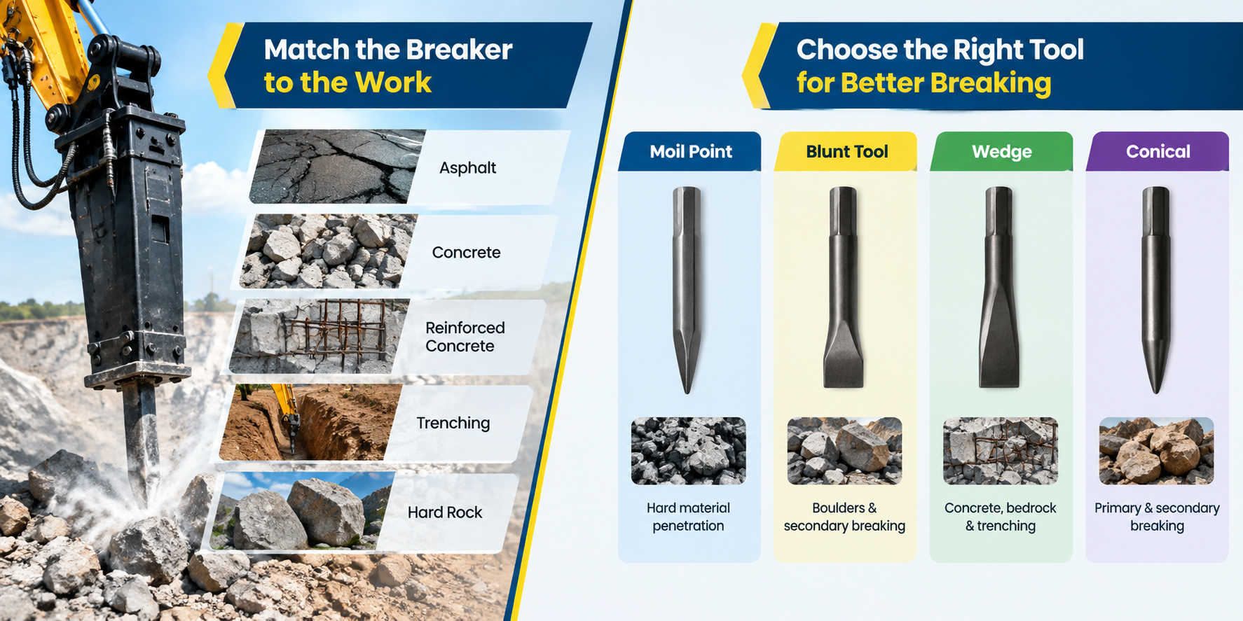 Excavator rock breaker working on hard rock alongside an infographic showing breaker applications and different tool types including moil point, blunt tool, wedge, and conical tool.