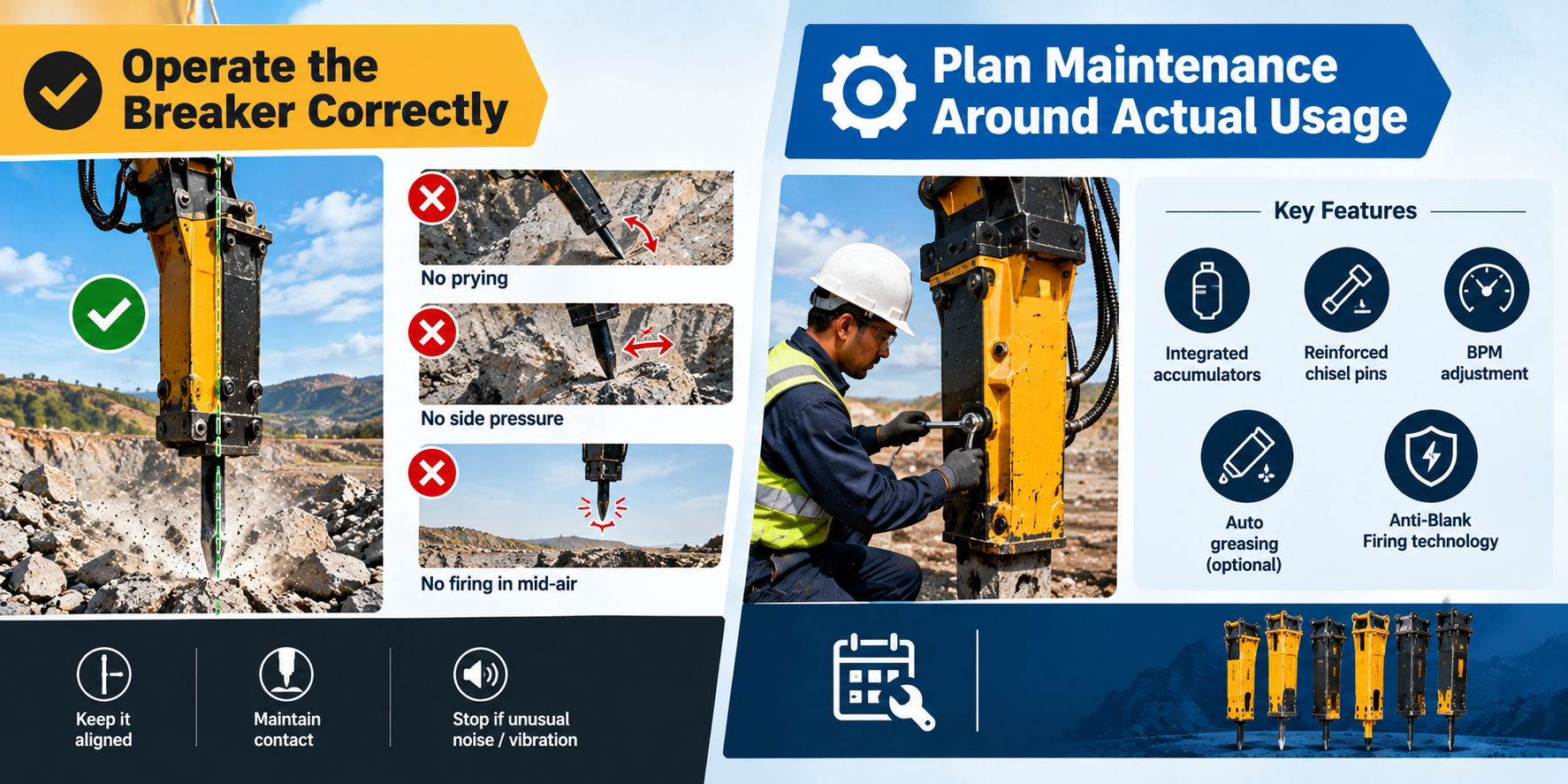 correct hydraulic breaker operation and usage-based maintenance, including proper tool alignment, avoiding side pressure and prying, regular servicing, and key breaker features such as reinforced chisel pins, auto greasing, BPM adjustment, and anti-blank firing technology.