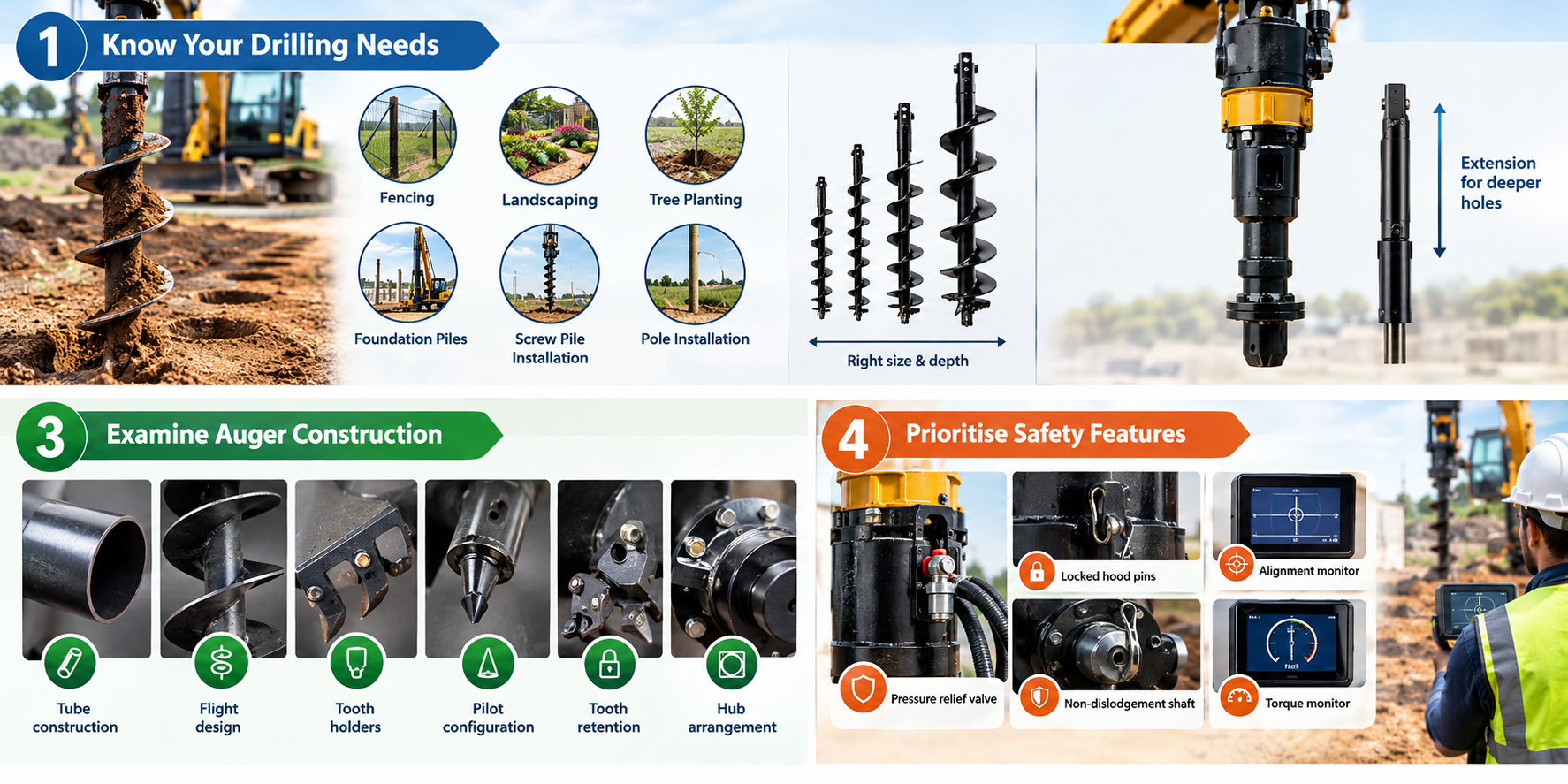 How to choose an auger based on drilling size and depth, auger construction, tooth retention, and essential safety features for construction applications.