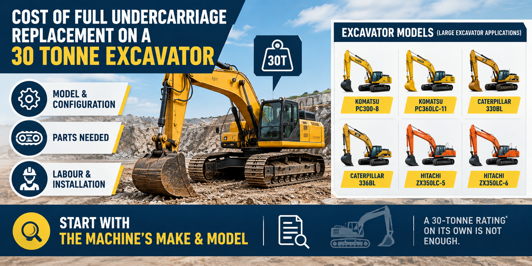 Full undercarriage replacement costs for a 30-tonne excavator, including machine model, parts required, and labour.