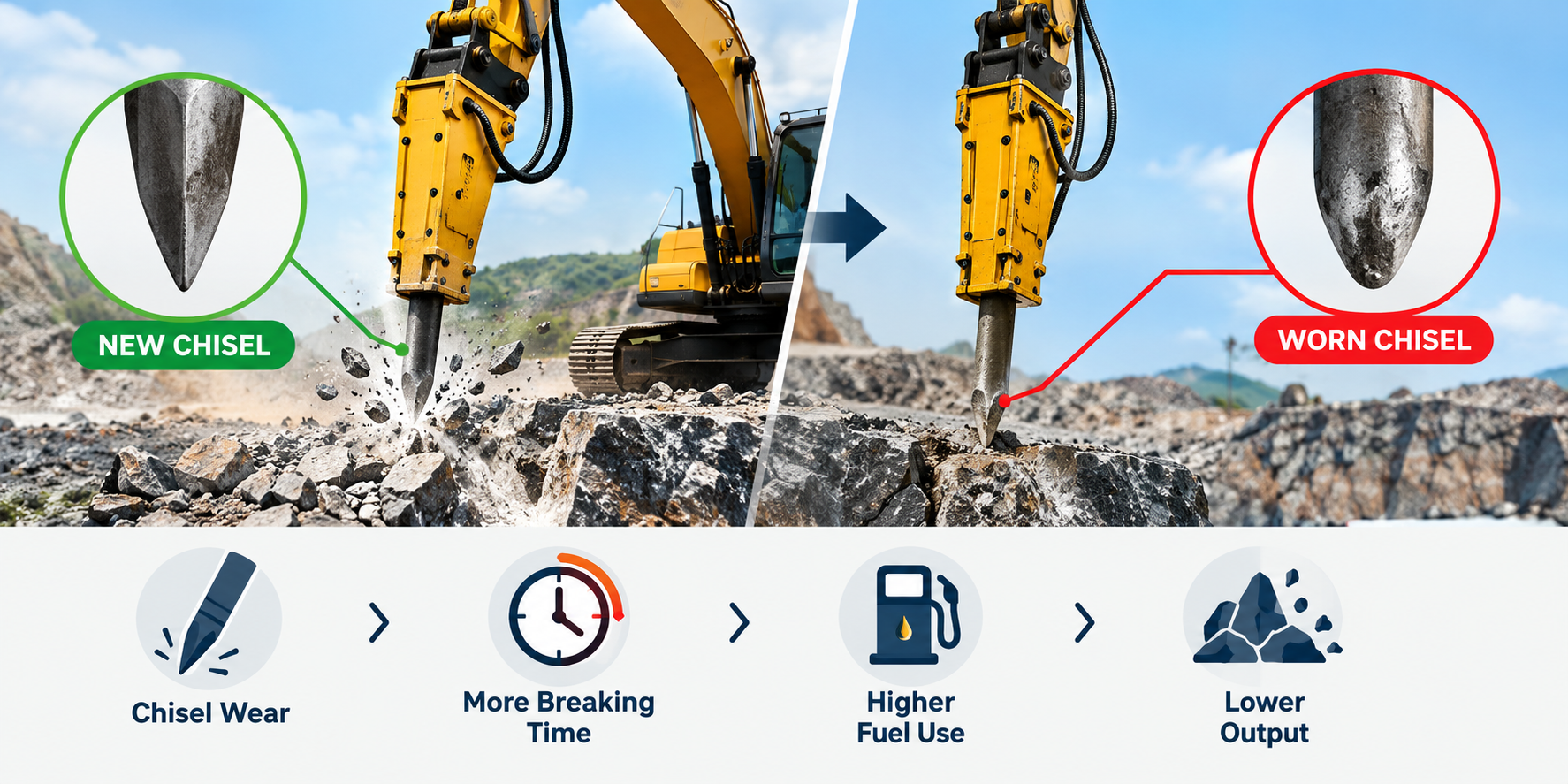 How worn rock breaker chisels reduce breaking efficiency and increase fuel consumption in excavator operations.