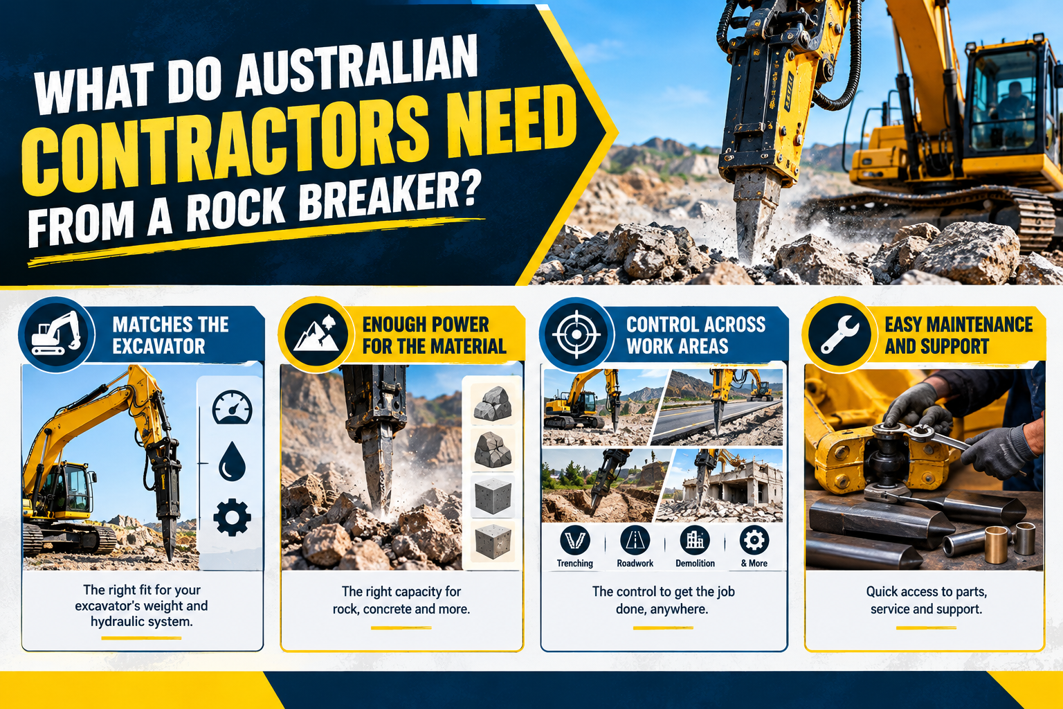 Rock breaker essentials for Australian contractors, including excavator compatibility, breaking power, versatile applications, and easy maintenance and support.